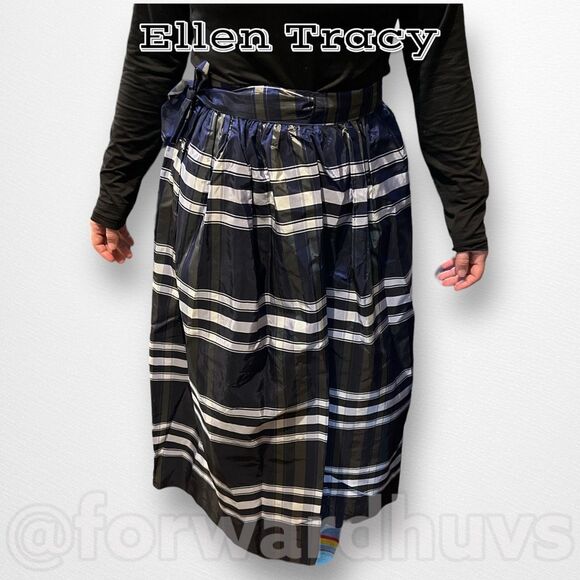 Vintage Ellen Tracy Blue Plaid Silk Taffeta Wrap Skirt Size 13 - Picture 1 of 14
